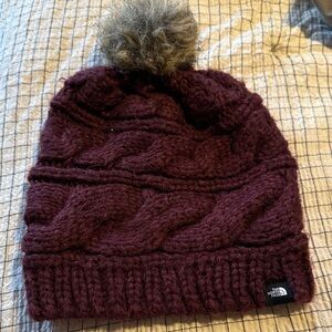 The North Face Maroon Cable Knit Beanie with Pom